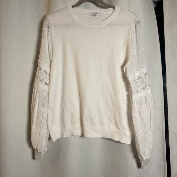 Sioni White Long Sleeve Mix Media Chiffon and Crochet Sleeve Sweater Large - Picture 3 of 8